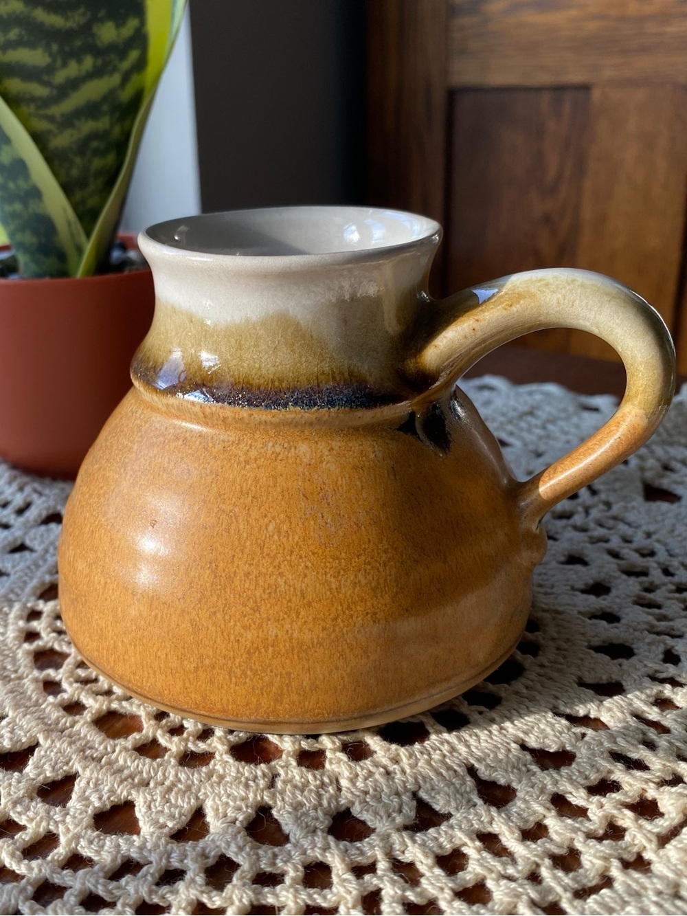 Vintage Earthy Caramel Glazed Ceramic Travel Coffee Mug EUC